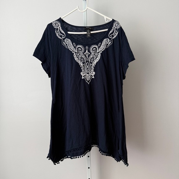 Style & Co. Tops - Style & Co 1X Navy Top Embroidered Pom Pom Boho Cottage Prairie Peasant